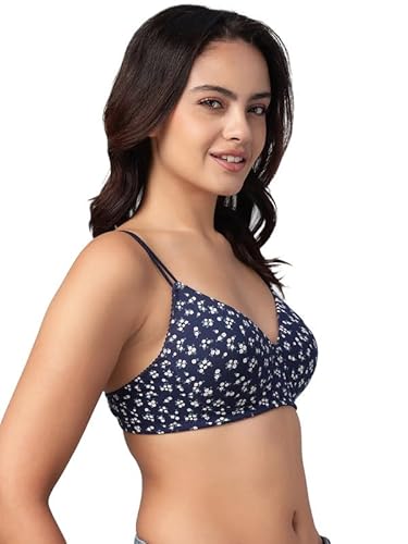 Clovia Women’s Blue Cotton Printed T-Shirt Bra – Padded, Wire-Free, Full-Cup Comfort